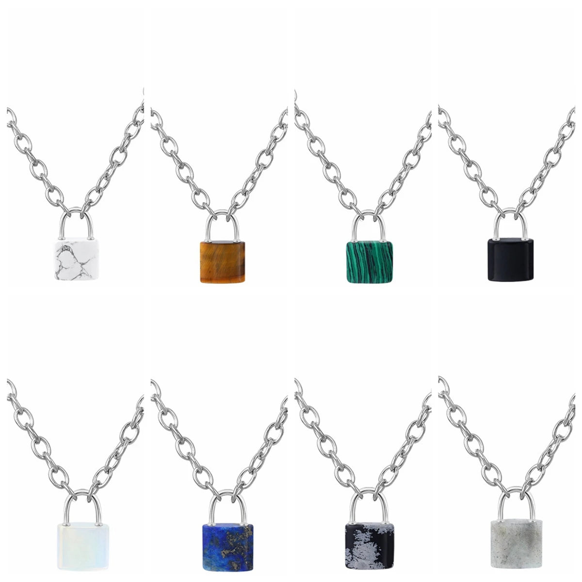 Factory Wholesale Natural Healing Crystal Gemstone Square Lock with 20inches Alloy Chain Pendant Necklace