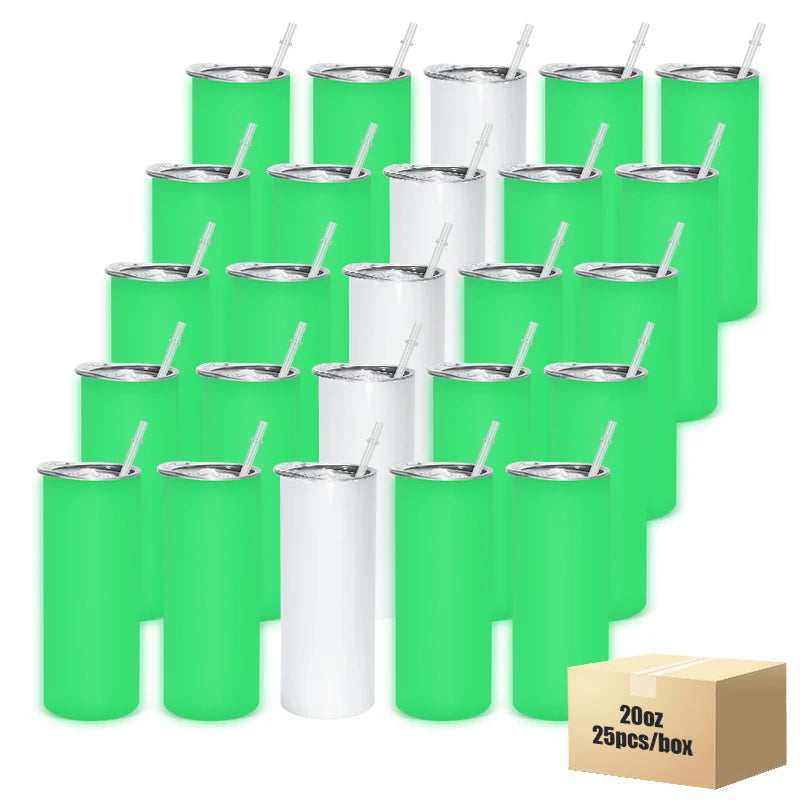 Free Shipping RTS USA Warehouse Stocked 25pcs/ctn 20oz Sublimation Glow in the Dark Skinny Straight Tumbler with Straw