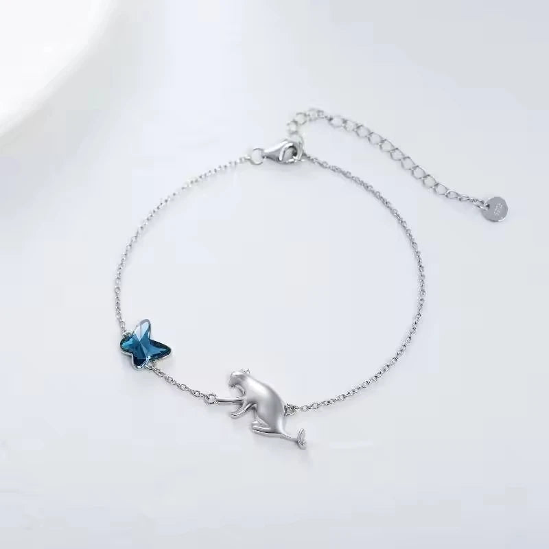 Fine Jewelry 925 Sterling Silver Blue Crystal Butterfly Cute Cat Link Chain Bracelet for Women