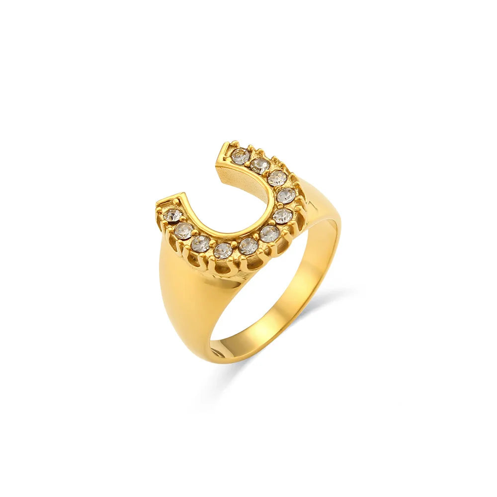 Lucky Ring Inspire Jewelry Hot Selling 18K Gold Plated Stainless Steel Zircon Paved Horse Shoe Ring Fine Jewelry Horseshoe Ring