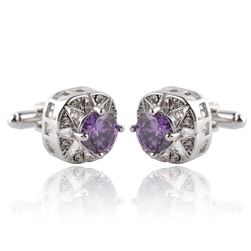 Purple Crystal Zircon Round Cufflinks Classic French Shirt Casual Cuff Button Wedding Party for Men