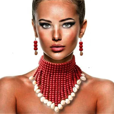 Ethnic Style Wooden Beads Necklace Set Statement Shell Pendants Bib Wood Necklace Collars Long Drop Earrings Boho Jewelry Sets