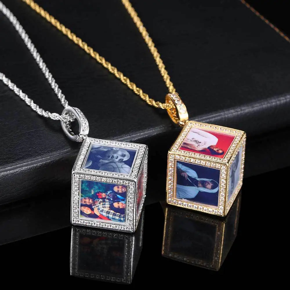 2021 New Arrival Hip Hop Jewelry Iced Out Six Sides Picture Frame Necklace Custom Memory Cube Photo Pendant Necklaces
