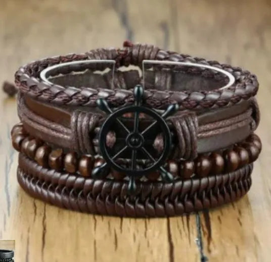 2025 Design Leather Men Bracelets Hot Sell Super Sell Punk Wood Beads Guitar Genuine Leather Wrap Bracelet