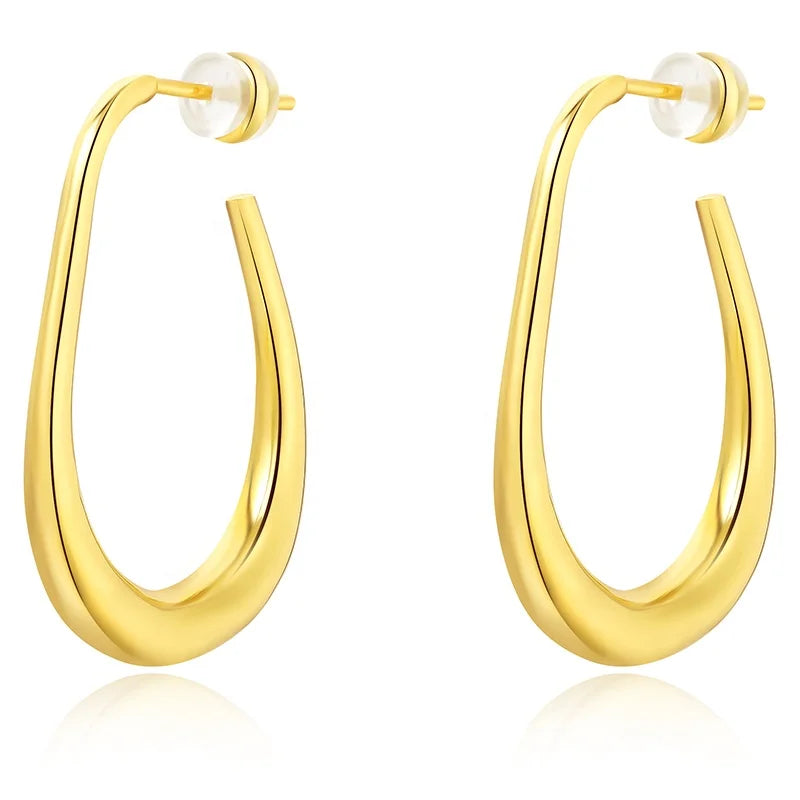Fashion Simple Oval Curved Brass Electroplated Gold Silver Drop Hoop Earrings Factory Customized Jewelry