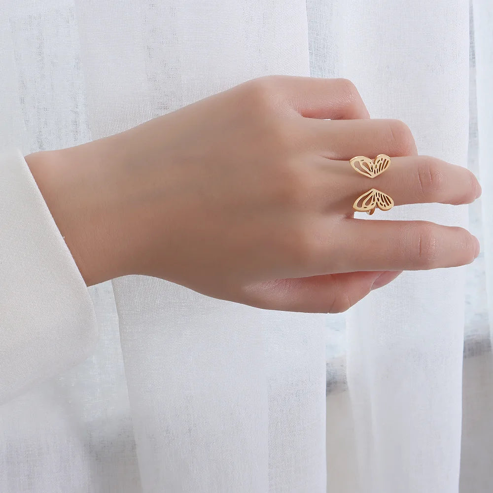 Lovely Ins New 18k Gold Plated Stainless Steel Party Jewelry Open Adjustable Butterfly Hollow Rings