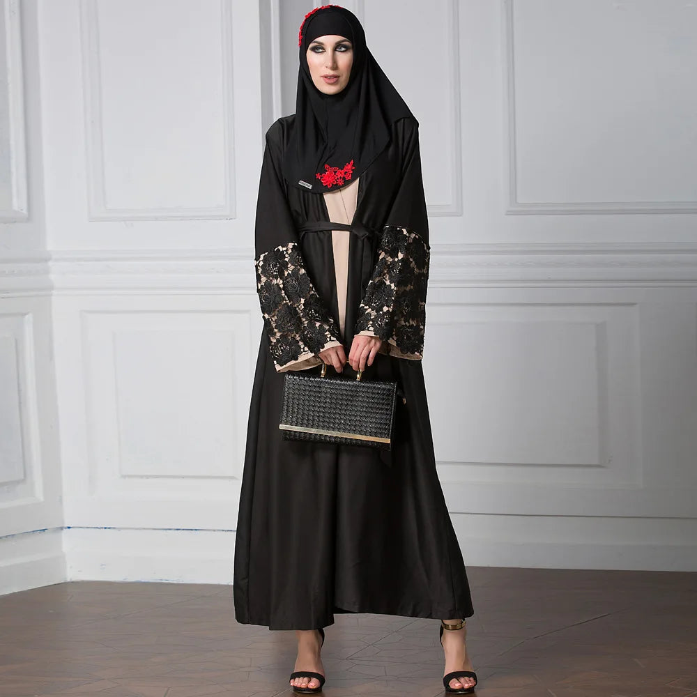 Latest Designs Solid Color Openwork Embroidered Polyester Muslim Clothing Abaya Front Open Kaftan Long Elastic Dress Eid Mubarak