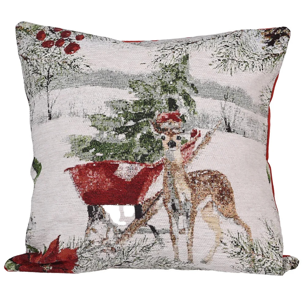 Christmas Classic Jacquard Style Tree and Deer Winter 100% Polyester Cushion Cover for Living Room Home Use