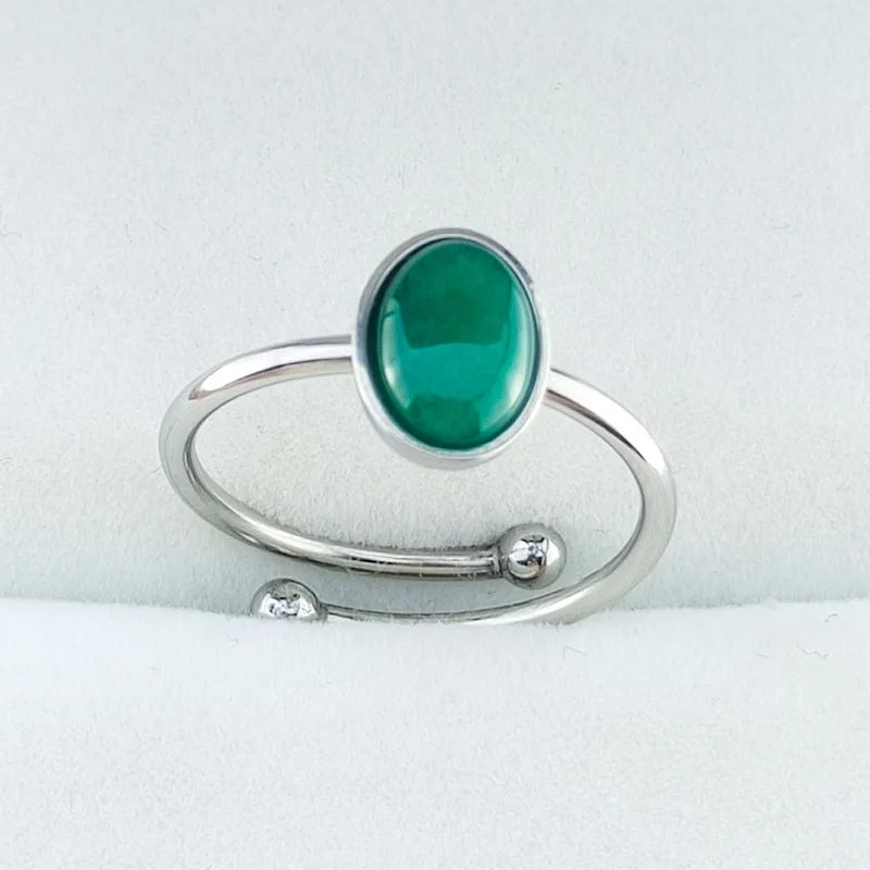 European New Style Stainless Steel Rings Ins Creative Adjustable Rings Retro Opal Natural Gemstones Rings for Daily LIfe