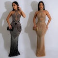 LQ C6811 Plus Size Fashion Women's Wear Pure Color Mesh Hot Rhinestone Halter Maxi Dress for Club Party