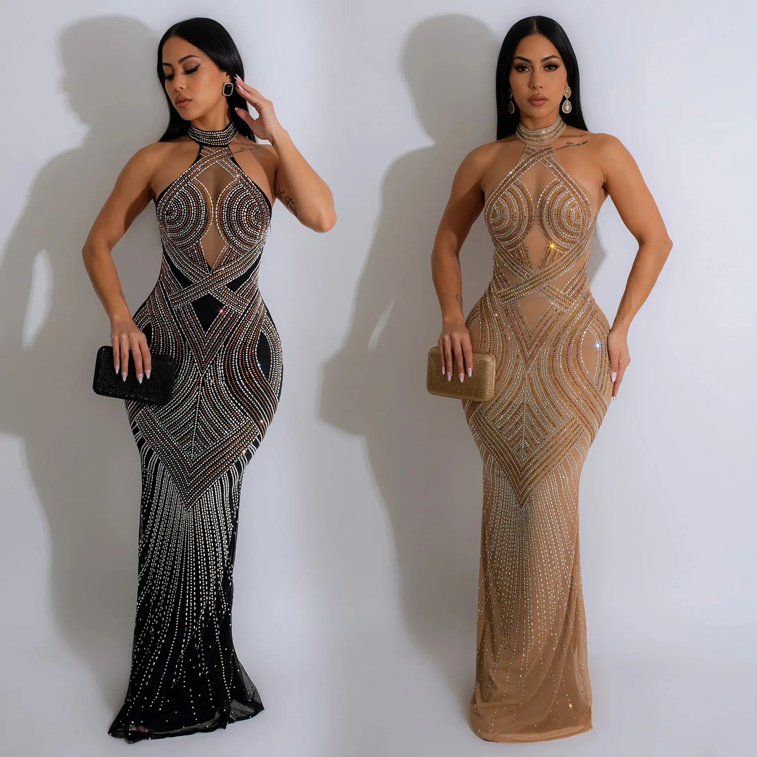 LQ C6811 Plus Size Fashion Women's Wear Pure Color Mesh Hot Rhinestone Halter Maxi Dress for Club Party