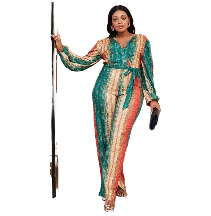 New Style Jumpsuit Striped Plus Size Fashion Belt Women Jumpsuit