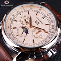 Forsining Top New Luxury Moon Phase Shanghai Movement Rose Gold Case Brown Leather Strap Men Watch Automatic Self Wind Watch