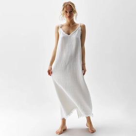 Modern Style White Elegant Breathable Knitted Night Gowns for Women Wholesale 100% Cotton Sleepwear