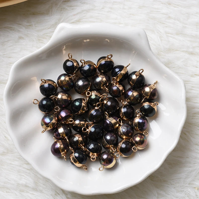 Black Natural Freshwater Bound Pearl Double Hanging Gilt Copper Gold Plated Loose Beads Baroque Pearl Connectors