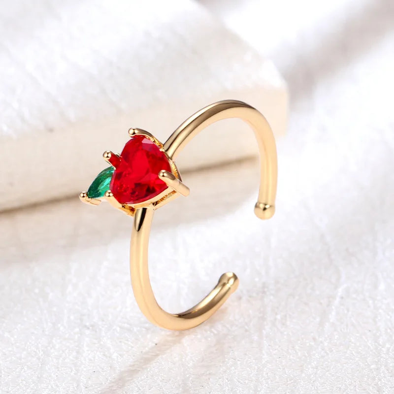 Luxury 18K Gold Plated Brass Adjustable Rings Women's Dainty Red Cherry Zircon Jewelry for Party Gifts