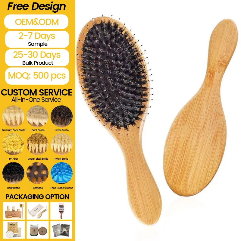 Yozeal Eco-Friendly Handheld Paddle Hair Brush Customized Natural Bamboo Bristle Factory Wholesale for Home Use
