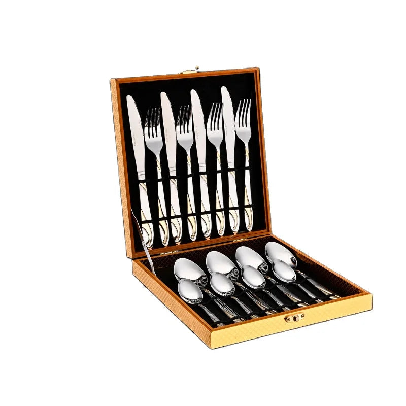 Stainless Steel Wholesale Fork Set Mirror Gold Fancy Cutlery Set 24pcs Vintage Poon Hotel Steak Knife Fork Flatware Sets