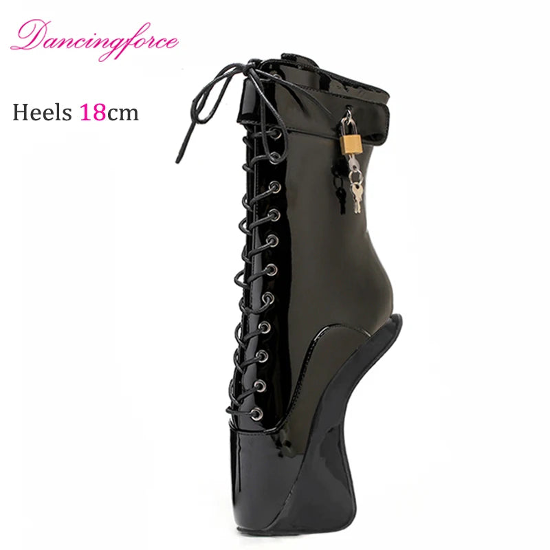 Fetish 18cm 7.2" Hoof Heels Lockable Straps Strange Style Shoes Women's High Heel Ballet Ankle Boots