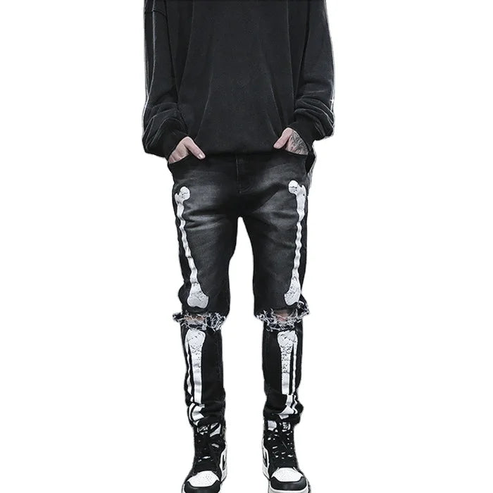OEM FOG Private Drop Shipping Stock Top Brand Skinny Ripped Skull Print Grey Denim Men Jeans