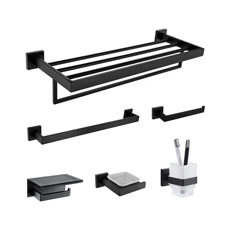 Hot Sale Eco-Friendly Six-piece Square Style Wall Mount Matte Black Stainless Steel Toilet Hardware Set for Hotel Bathroom