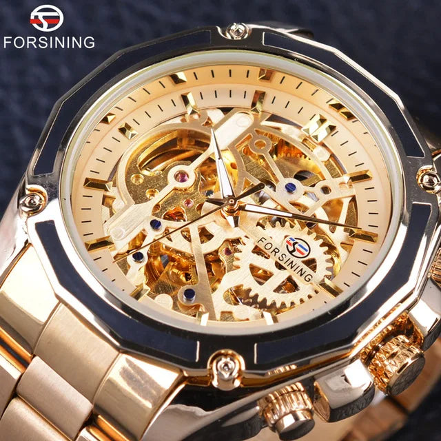 Forsining Top New Luxury Golden Steampunk Fashion Luxury Design Open Work Skeleton Mechanical Movement Men Automatic Watch