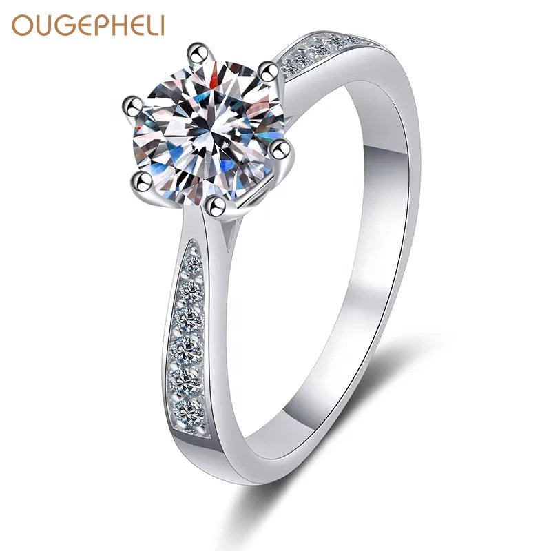 OUGEPHELI Wholesale Custom GRA VVS Moissanite White Gold Platinum Plated S925 925 Sterling Silver Jewelry Finger Ring for Women