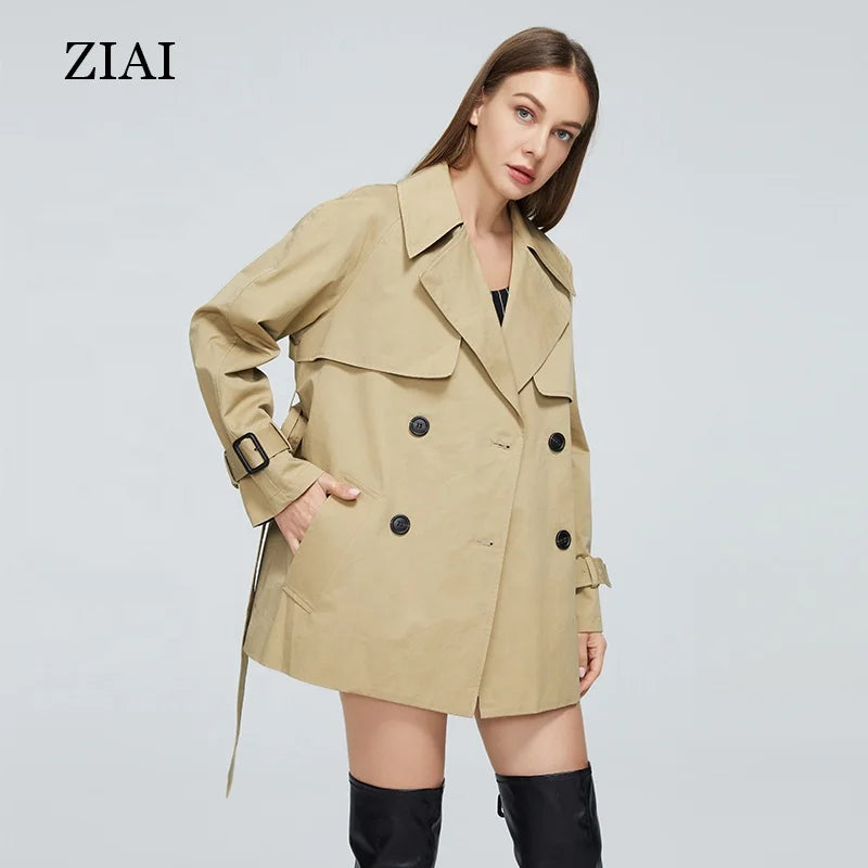Wholesale Custom Women Autumn Casual Coat Turn-down Collar Short Trench Coat Buckle