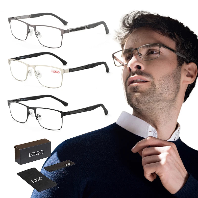 High Quality Blue Light Reading Glasses for Men Computer Readers Trendy Square Metal Frame Anti Glare Spring Hinge Carbon Fiber