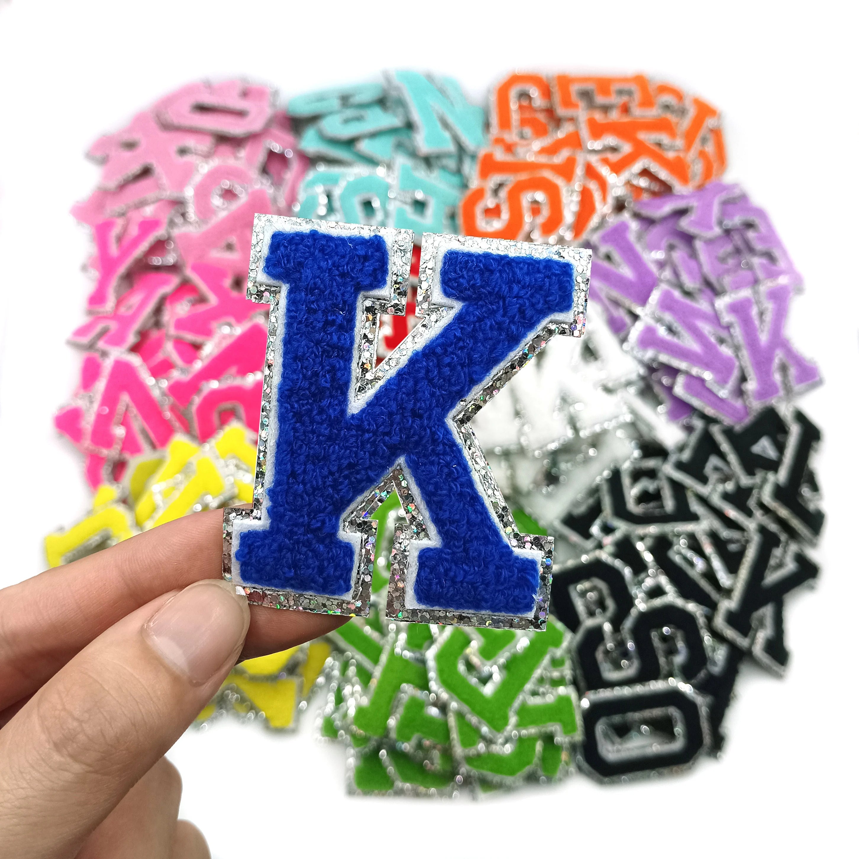 New Silver Edge Klein Blue Letter Chenille Embroidery Iron on Bling Silver Glitter Klein Blue Letter Patches