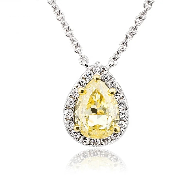 925 Sterling Silver Jewelry 6*8mm 8A CZ Pear-Shaped Yellow Diamond Drop Necklace with Halo Pendant Featuring Zircon Main Stone