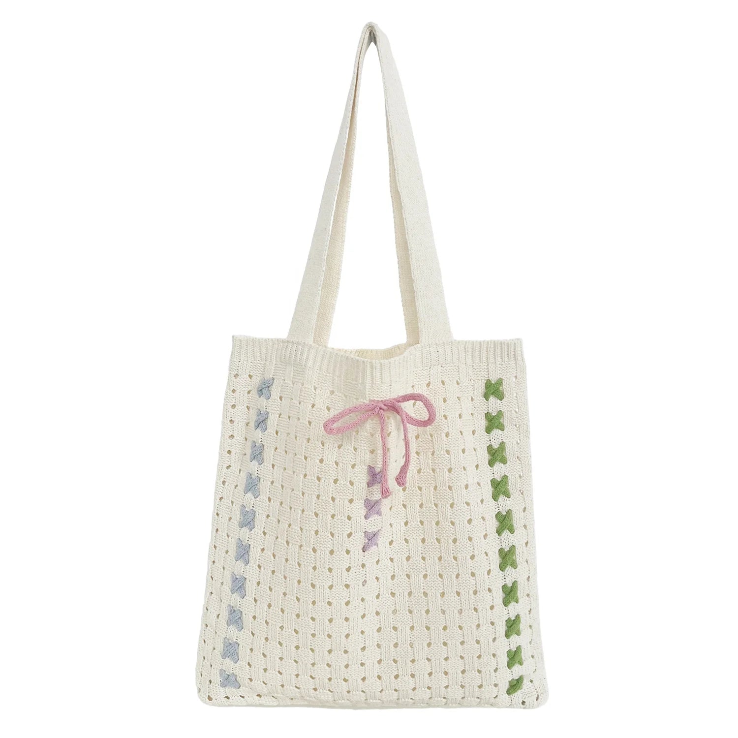 2024 Factory Wholesale Portable Bow Design Y2K Solid Color Tote Bags Ballet Style Knitted Crochet Beach Women Daily Open Summer