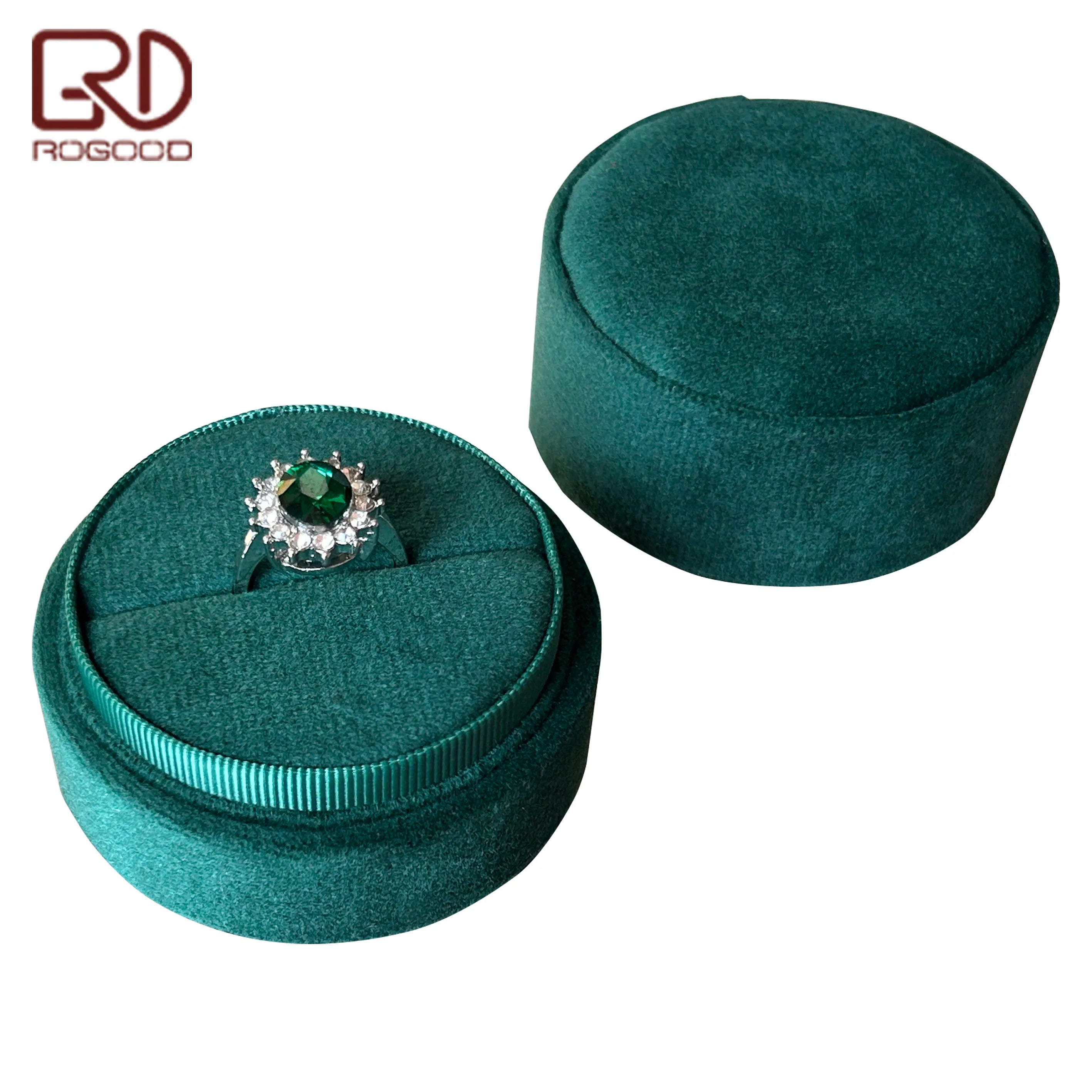 ROGOOD High Grade Green Velvet Cylinder Box for Ring Earring Round Packaging Gift Box for Engagement Proposal Wedding Ring P1966