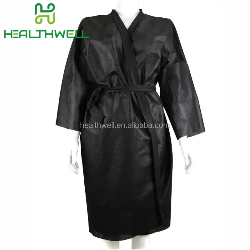 Disposable Breathable Nonwoven Black Square Collar Women's Bathrobe PP Kimono Robe