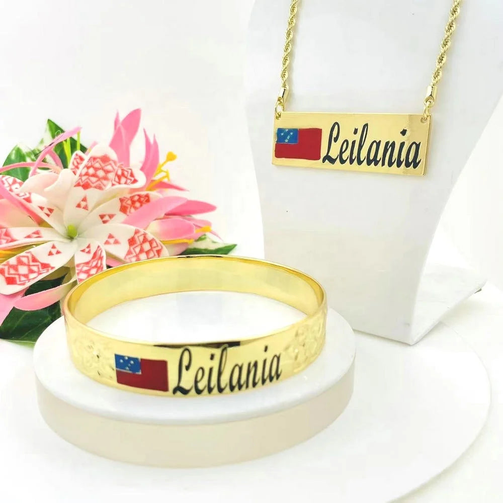 JX216 Personalized Jewelry Set With Samoa Flag Engraved Name Kid Girl Bangle Necklace Anniversary Birthday Gift Women