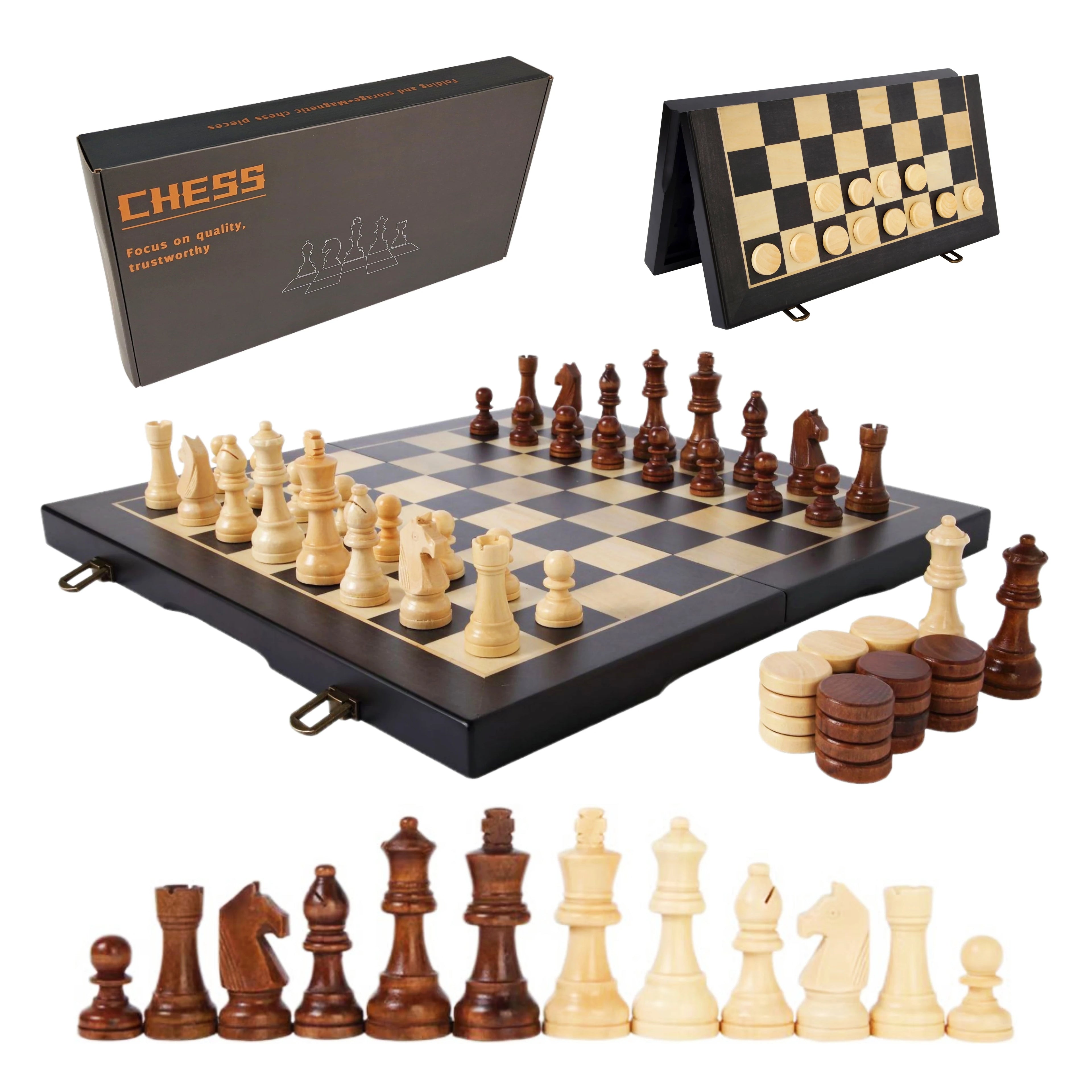 Handmade 15\" High Quality Wooden Board Game 2 in 1 Magnetic Chess and Checkers Set for Indoor Play
