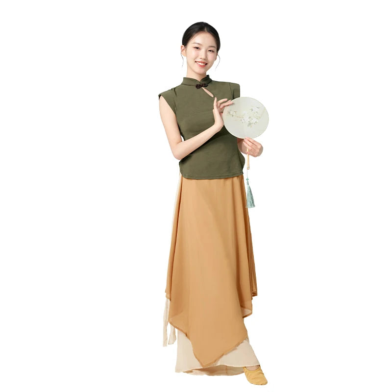 Women Modern Dance Shirt Adult Standing Collar Chinese Knot Button Sleeveless Tops Classical Dance Practice Costume