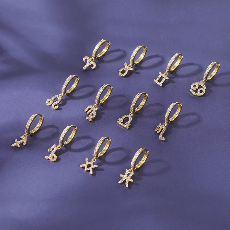 POENNIS Zodiac Sign Women's Jewelry Wholesale 12-Piece Geometric Trendy Zircon 18K Gold Plated Brass Hoop Earrings