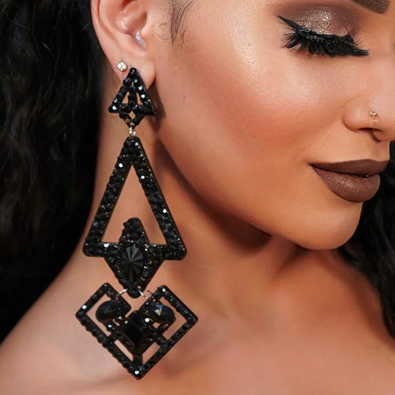 2025 New Arrival Hot Selling Rhinestone Earrings Women Sexy Exaggerated Irregular Triangle Black Party Earrings Accessories