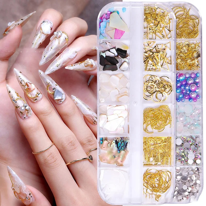 12 Gird Box Mix Flakes Broken Glass Mica Sequins Gold Chain Sea Shell Fragments Texture Nail Charms Shells
