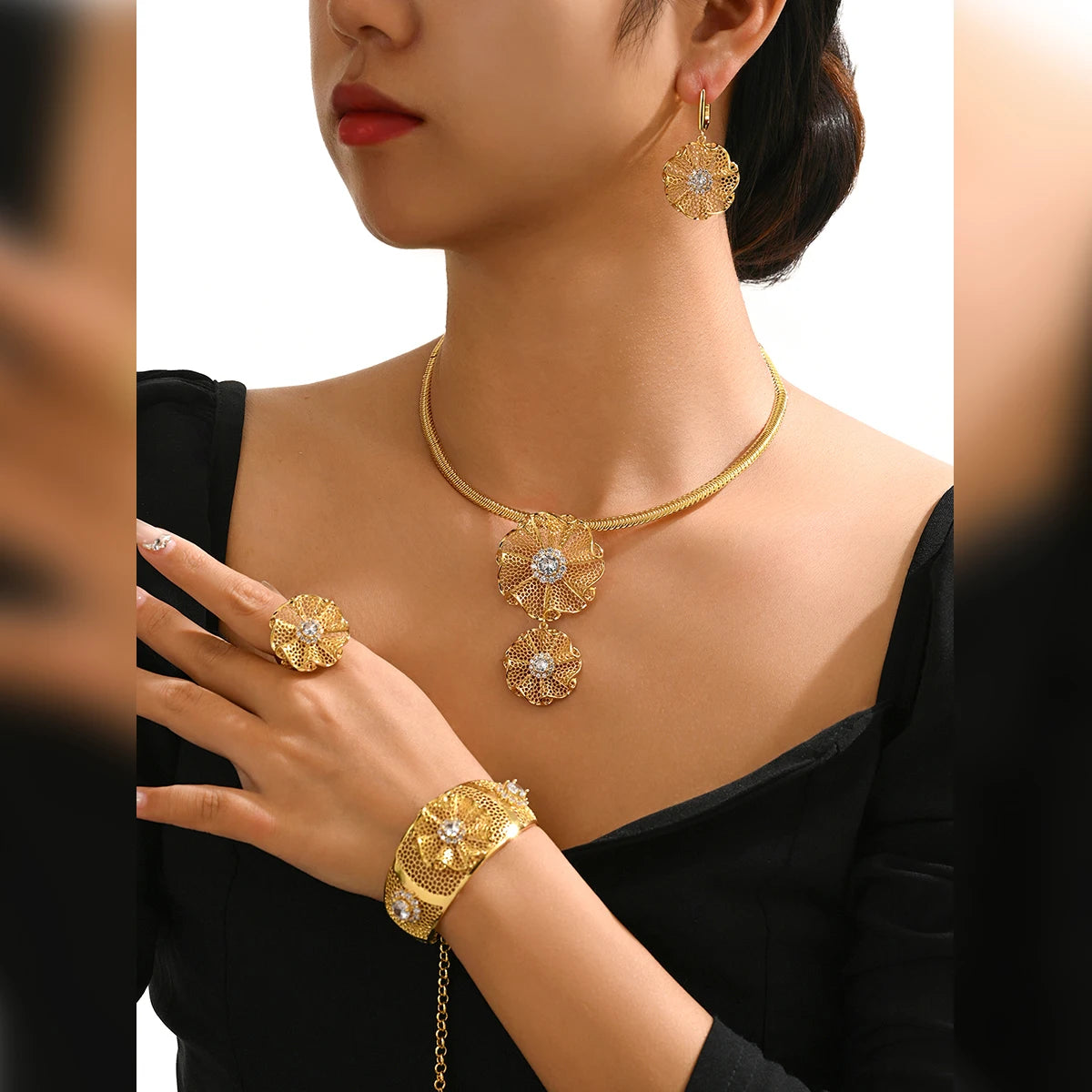 MEIZI Wholesale Custom Luxury African Women's New Trend 4PCS Multi-zircon Necklace Wedding Party Dubai Bride Brass Gift