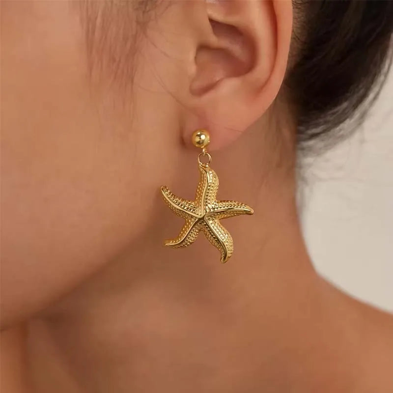 Ocean Sea Shell Beach Statement Earrings 18K Gold Plated Stainless Steel Themed Summer Starfish Seashell Earrings 2025