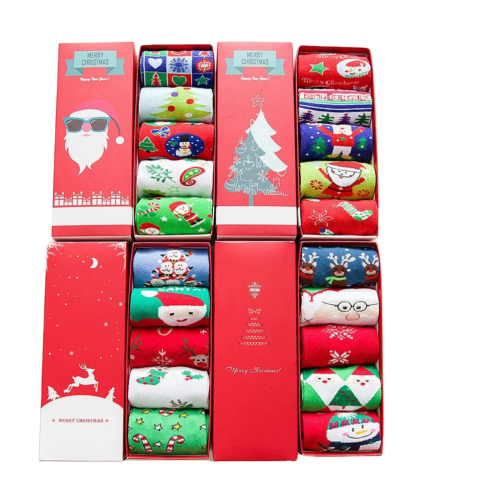 Autumn Winter 5-Pair Set Thick Pure Cotton Crew Anti-Slip Casual Crew for Men Women Christmas Gift Box New Cartoon Tube Design