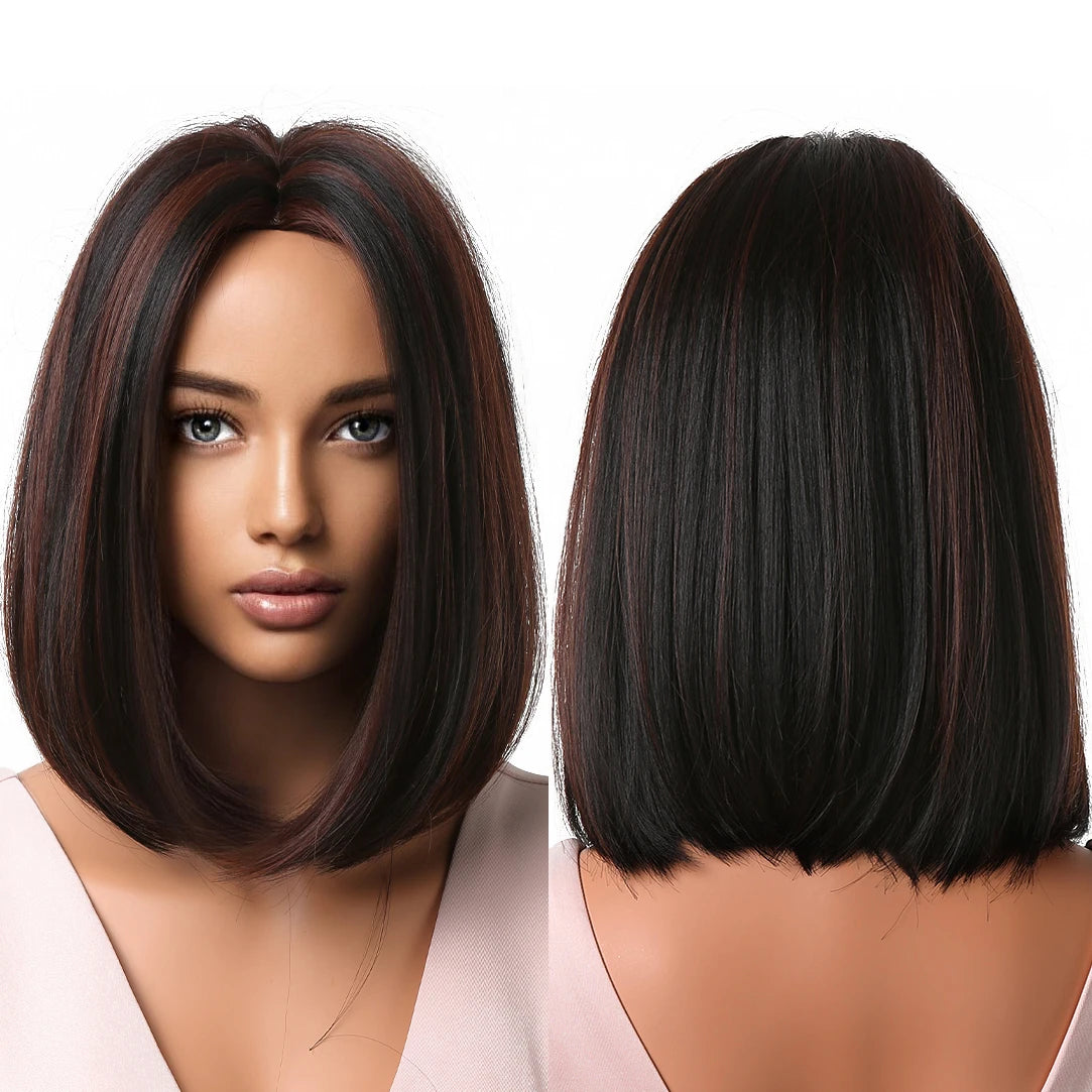 Factory Inventory 10 Inches Short Straight Black Highlight Red Mixed Bob Synthetic Wigs Middle Part Wigs for Women