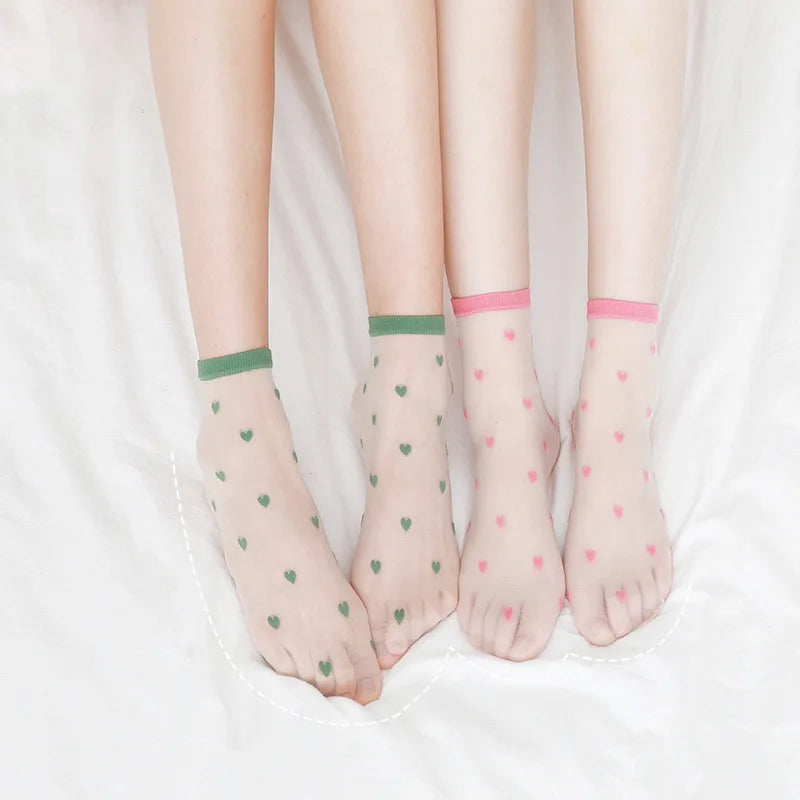 Wholesale Spring Summer New Design Women love Pattern Candy Color Transparent Short Ankle Mesh Socks