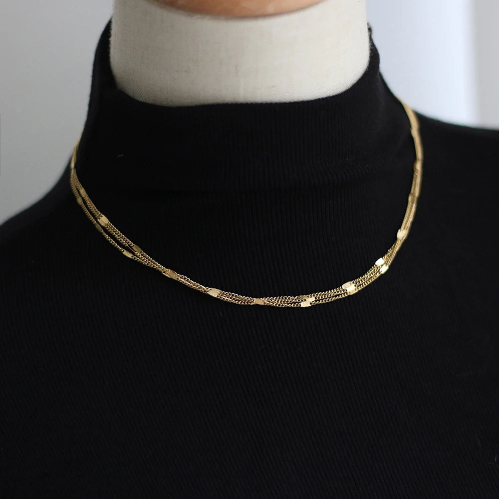 Trendy Water Resistant Stainless Steel Triple Layer Link Chain Gold Plated Imitation Pearl Necklace for Women Anniversary