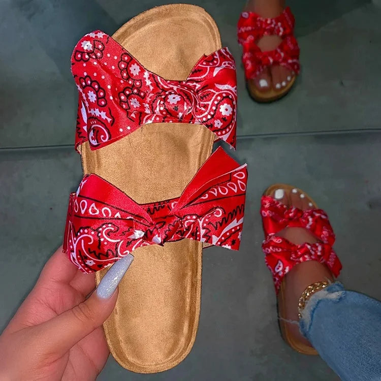 Luxury Women's Flat Sandals with Bowknot Anti-Slip Comfortable Two-Straps Platform Shoes for Spring Season Outdoor Slippers