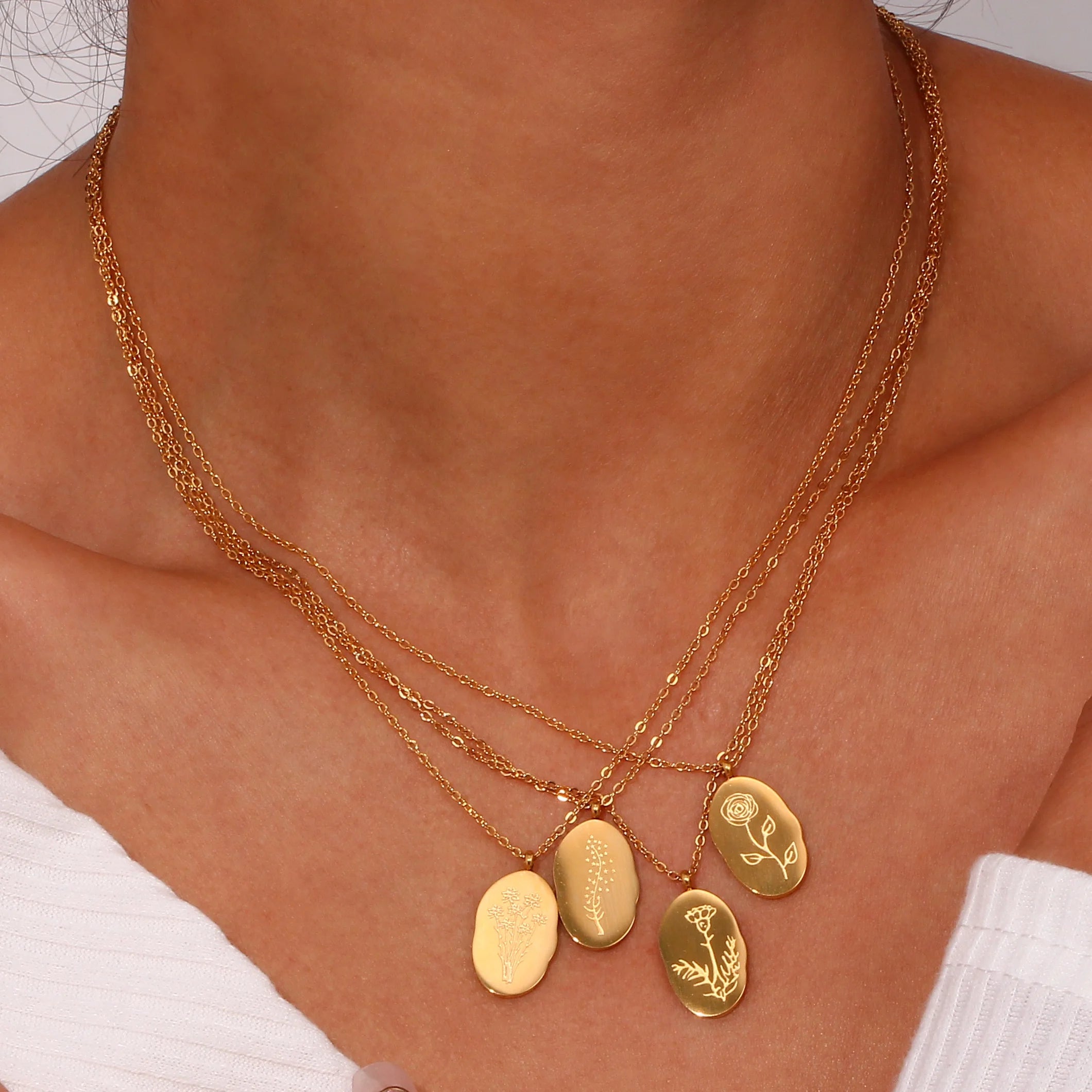 Gold Plated Jewelry Engraved Birth Month Pendant Necklace Women Birth Flower Stainless Steel Jewelry