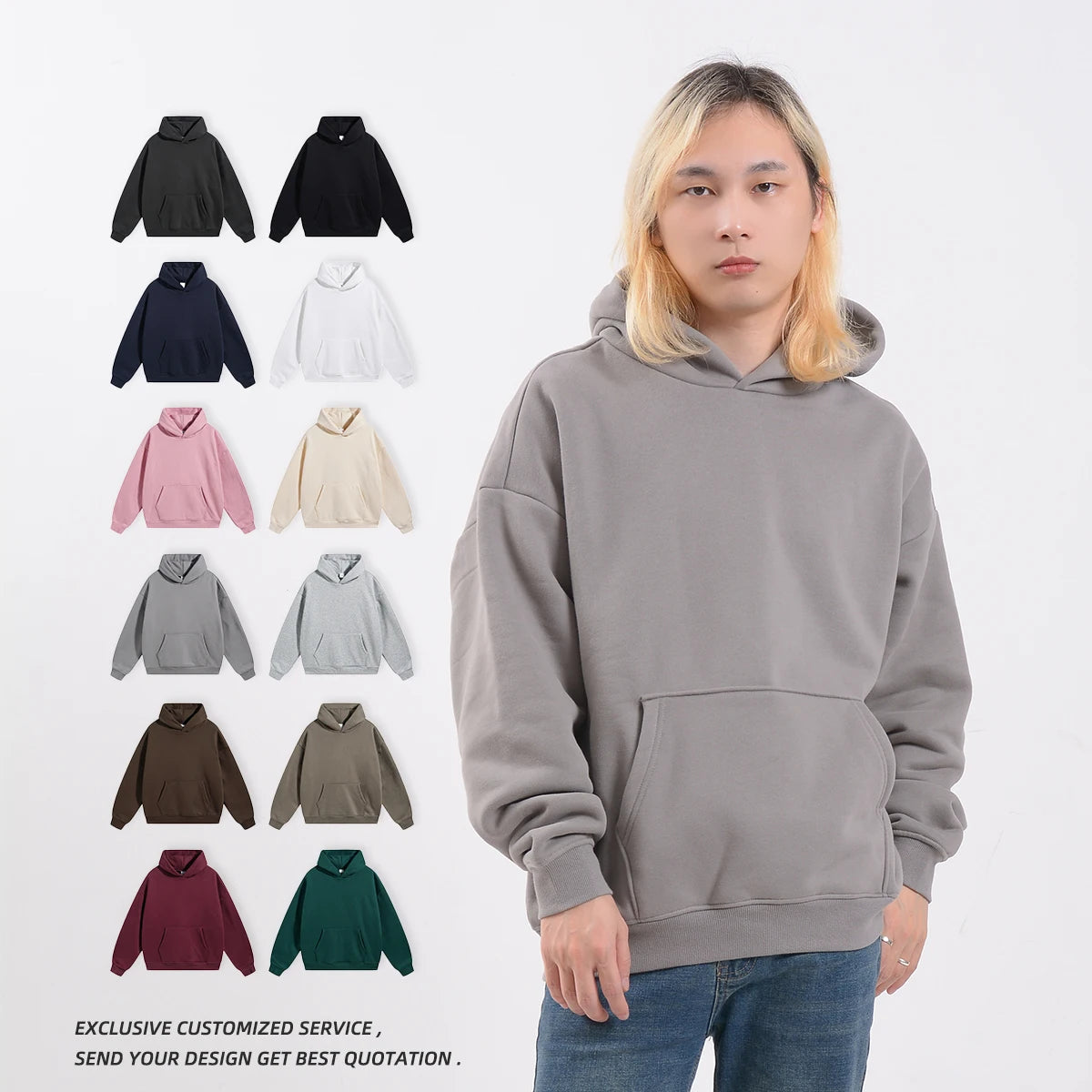 Autumn/Winter Wholesale Solid 400 Grams Loose Pullover Men's Winter Fleece Lined Hooded Hoodie