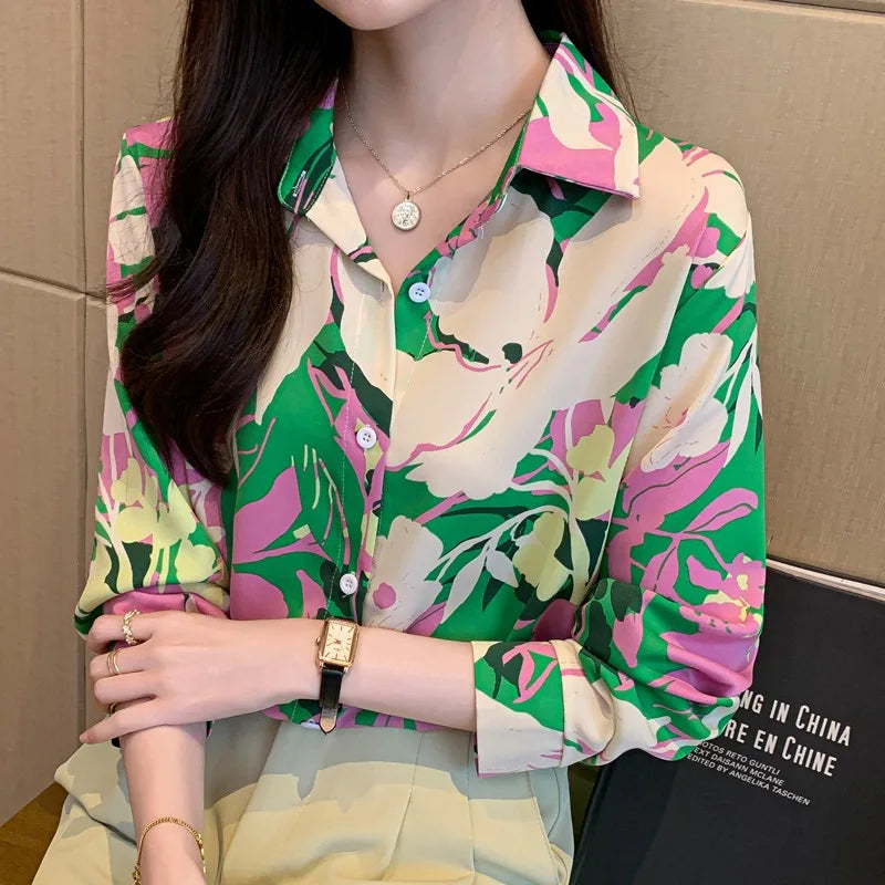 Casual Fashion Floral Print Shirt Ladies Loose All-match Sweet Blouse Femme Comfortable Top Women 30200#